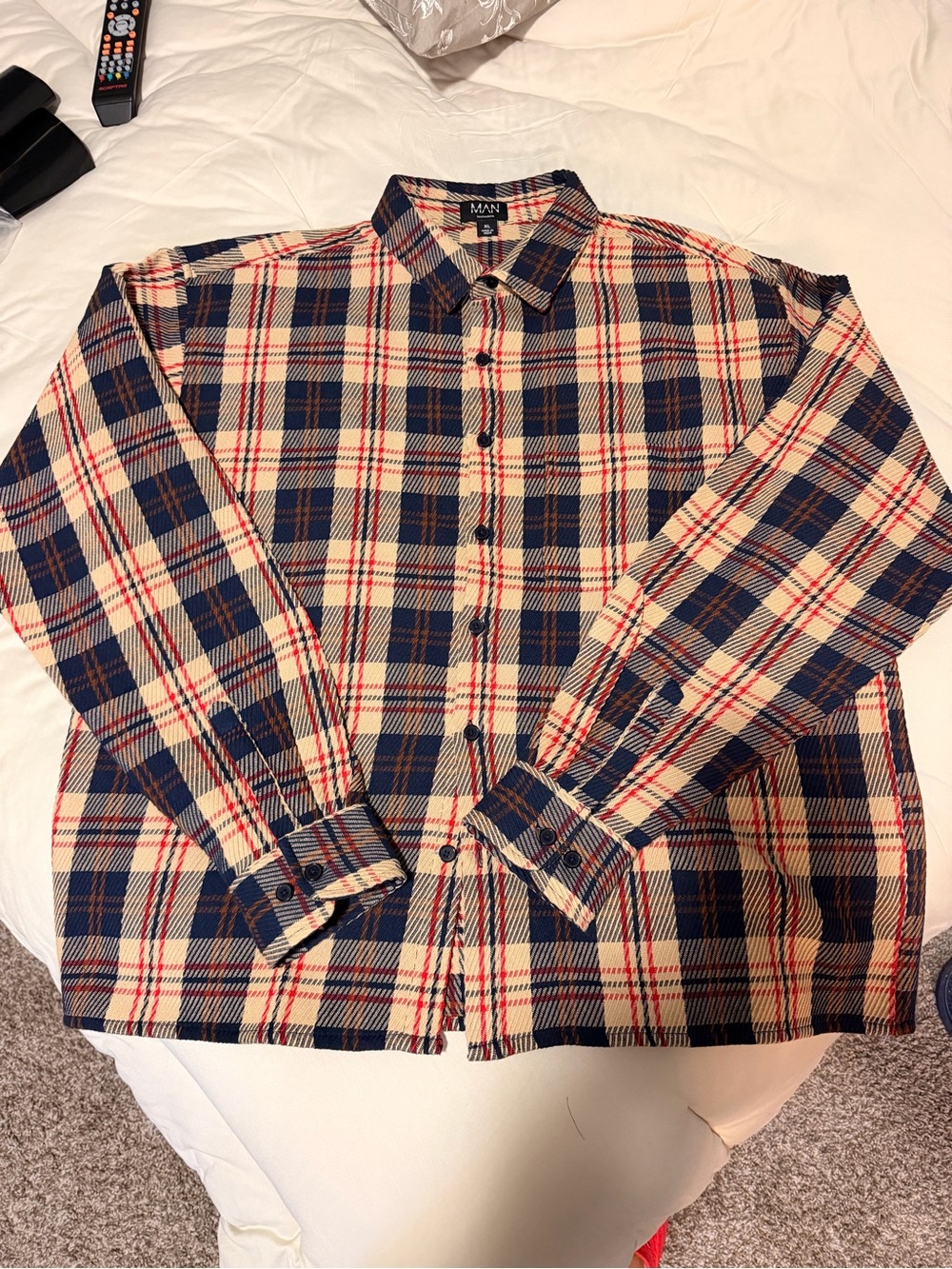 Boohoo Man Plaid Button-Up Shirt - Navy, Cream & Red